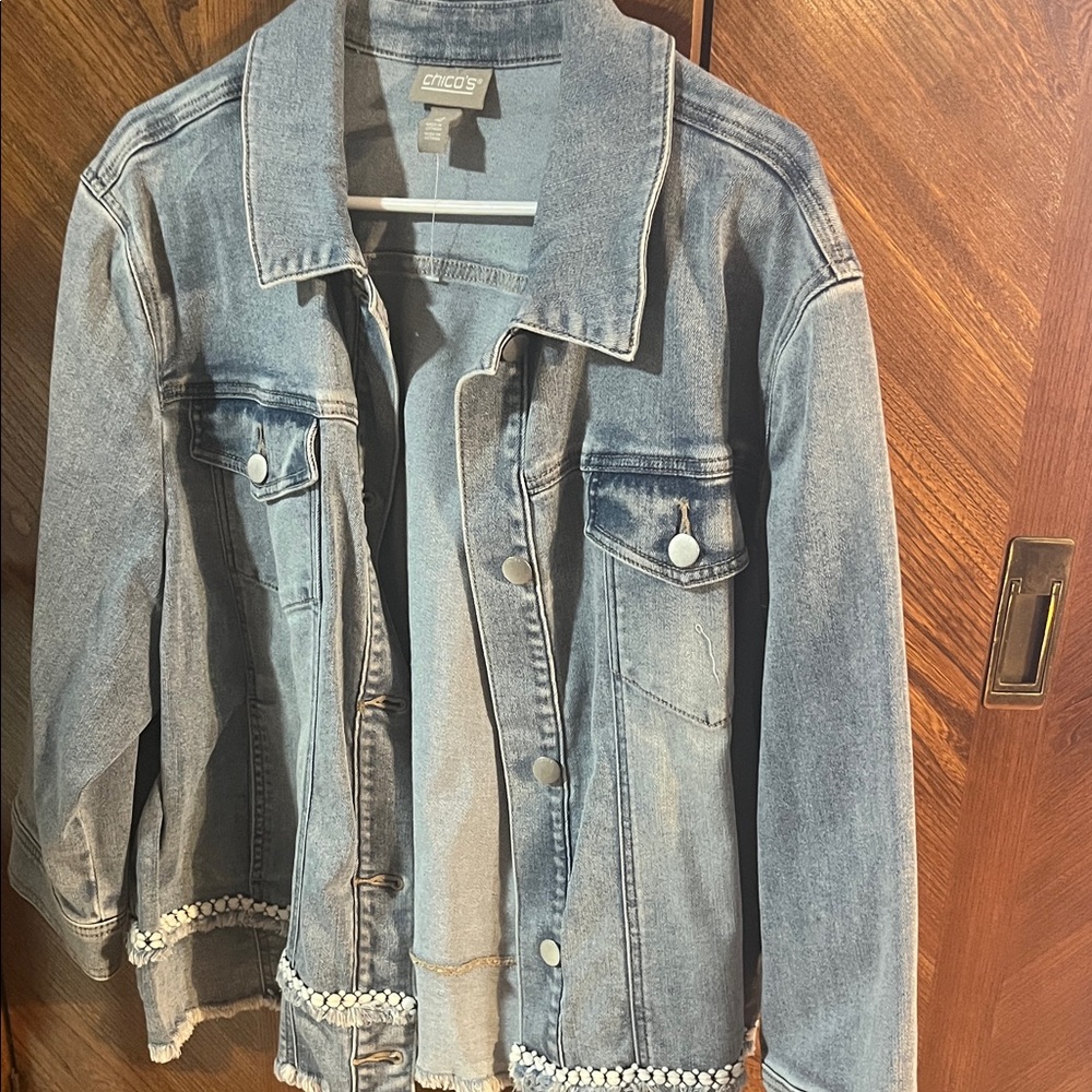 Chico's Light Blue Denim Jacket with Beaded Trim